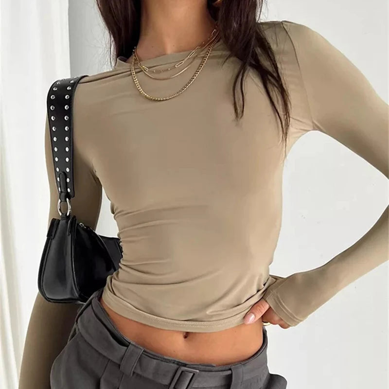 Women's Long Sleeve T-Shirt Slim Fit Casual Solid Color Pullovers Basic Tee for Streetwear Crop Top