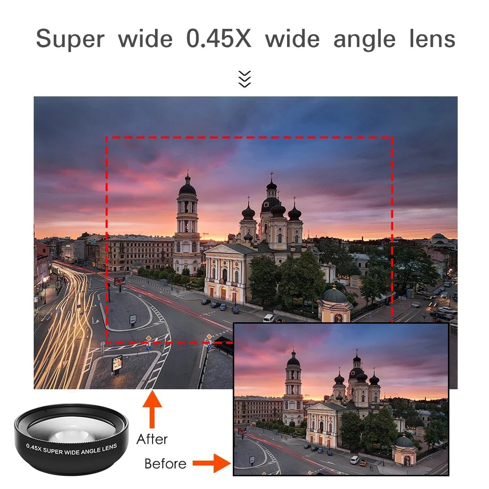 USLION 2 in 1 Phone Lens kit 0.45x Ultra Wide Angle Macro External Cellphones Lens HD Camera Universal Clip 37mm For iPhone Andr