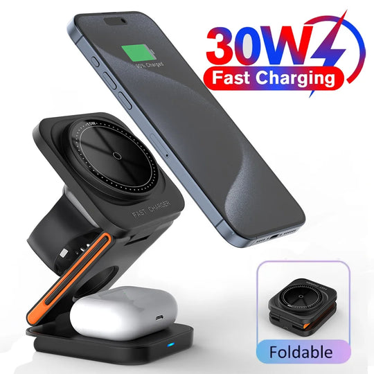 30W Wireless Charger Station for iPhone Apple Watch Airpods Magnetic 3 in 1 Design Compact Size with Fast Charging Feature