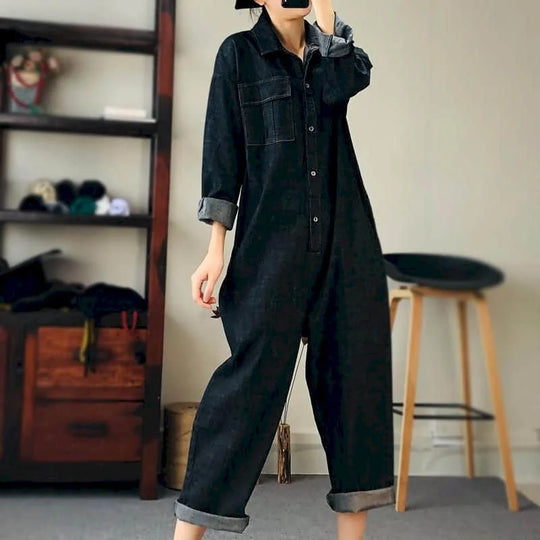 Loose Fit Denim Jumpsuit Suit Women Blue Denim Long Sleeve Playsuits High Waist New Fashion Tops Casual One Piece Outfit Women