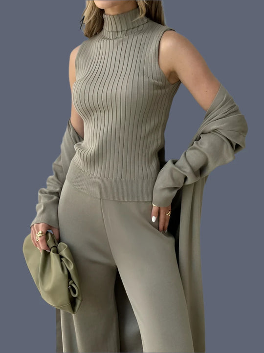 3 Piece Women's Knitted Cardigan Turtleneck Set