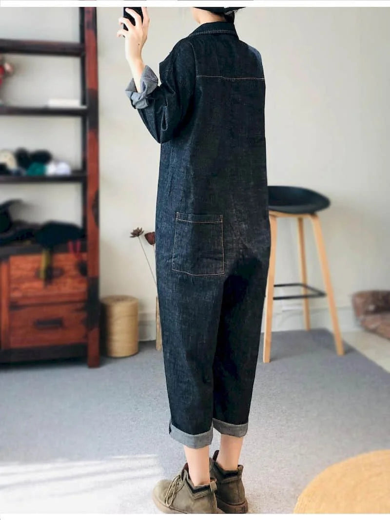 Loose Fit Denim Jumpsuit Suit Women Blue Denim Long Sleeve Playsuits High Waist New Fashion Tops Casual One Piece Outfit Women