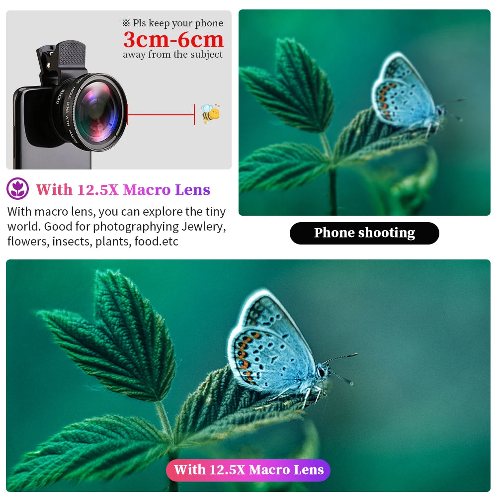 USLION 2 in 1 Phone Lens kit 0.45x Ultra Wide Angle Macro External Cellphones Lens HD Camera Universal Clip 37mm For iPhone Andr