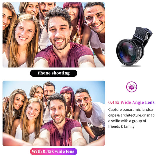 USLION 2 in 1 Phone Lens kit 0.45x Ultra Wide Angle Macro External Cellphones Lens HD Camera Universal Clip 37mm For iPhone Andr