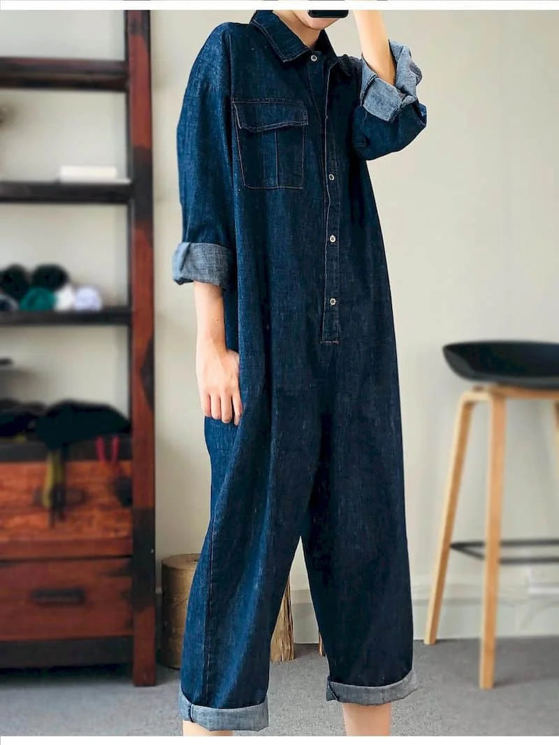 Loose Fit Denim Jumpsuit Suit Women Blue Denim Long Sleeve Playsuits High Waist New Fashion Tops Casual One Piece Outfit Women