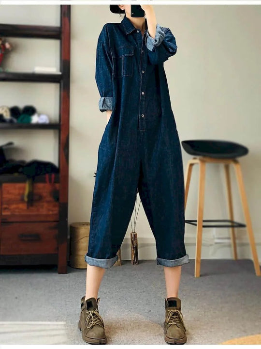 Loose Fit Denim Jumpsuit Suit Women Blue Denim Long Sleeve Playsuits High Waist New Fashion Tops Casual One Piece Outfit Women