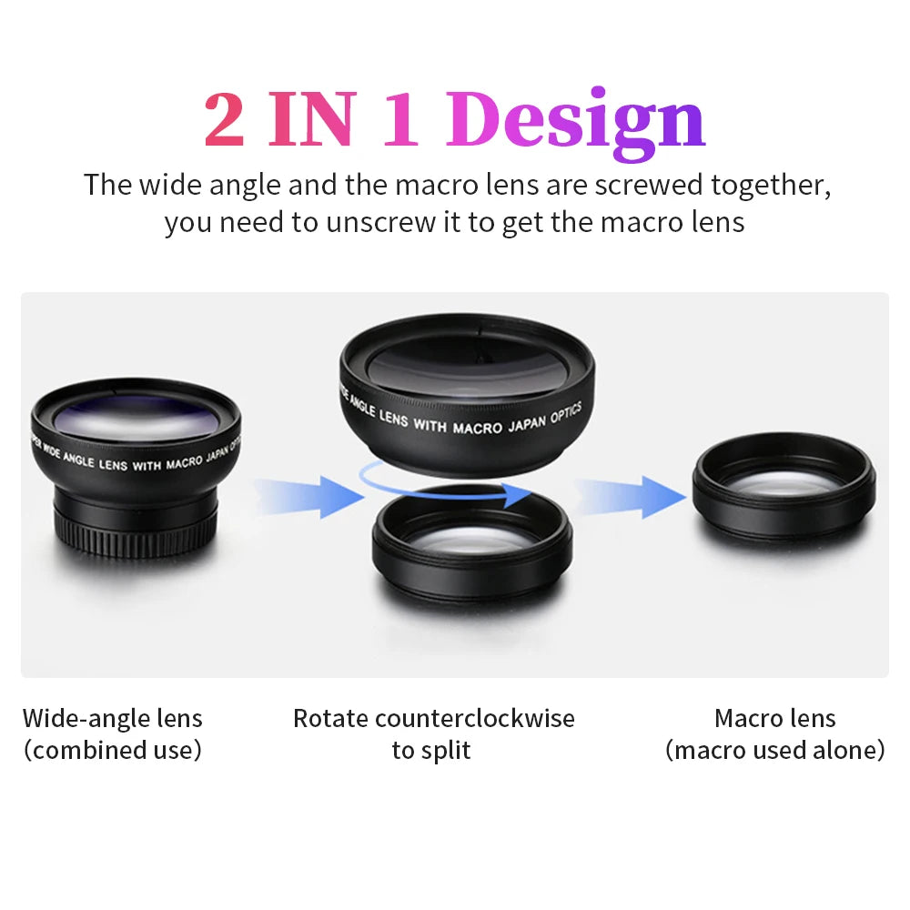 USLION 2 in 1 Phone Lens kit 0.45x Ultra Wide Angle Macro External Cellphones Lens HD Camera Universal Clip 37mm For iPhone Andr