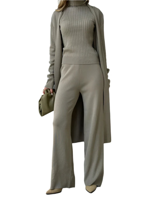 3 Piece Women's Knitted Cardigan Turtleneck Set