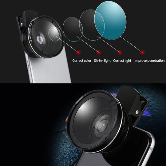 USLION 2 in 1 Phone Lens kit 0.45x Ultra Wide Angle Macro External Cellphones Lens HD Camera Universal Clip 37mm For iPhone Andr