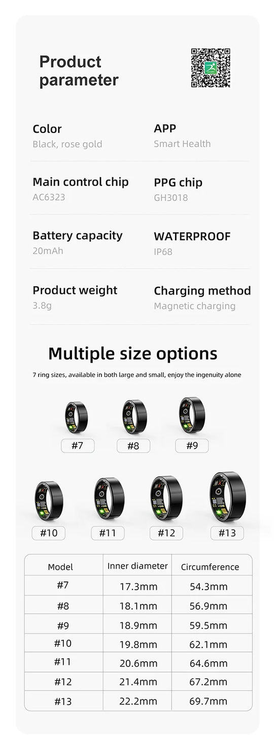 Smart Ring Heart Monitor IP68 Waterproof Multi-Sport Fitness Tracker