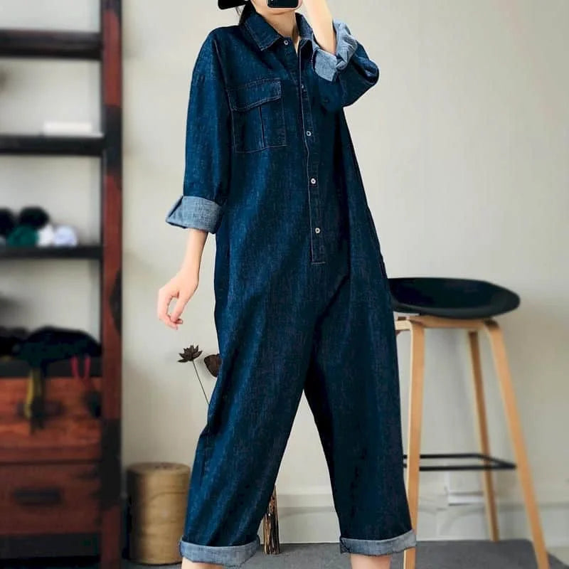 Loose Fit Denim Jumpsuit Suit Women Blue Denim Long Sleeve Playsuits High Waist New Fashion Tops Casual One Piece Outfit Women