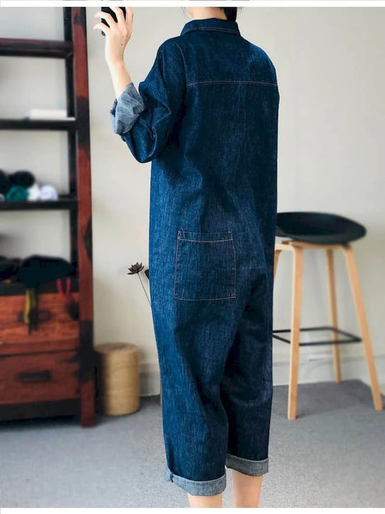 Loose Fit Denim Jumpsuit Suit Women Blue Denim Long Sleeve Playsuits High Waist New Fashion Tops Casual One Piece Outfit Women