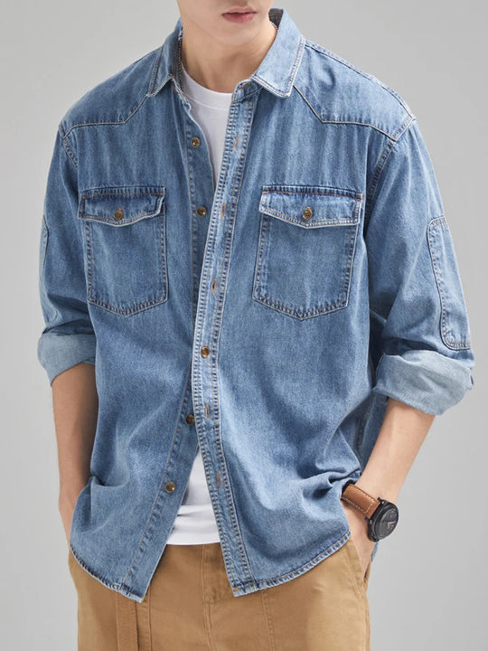 Quality Cotton Denim Shirt Washed Men's Short Sleeve Casual Shirt Front Patch Eye Catching