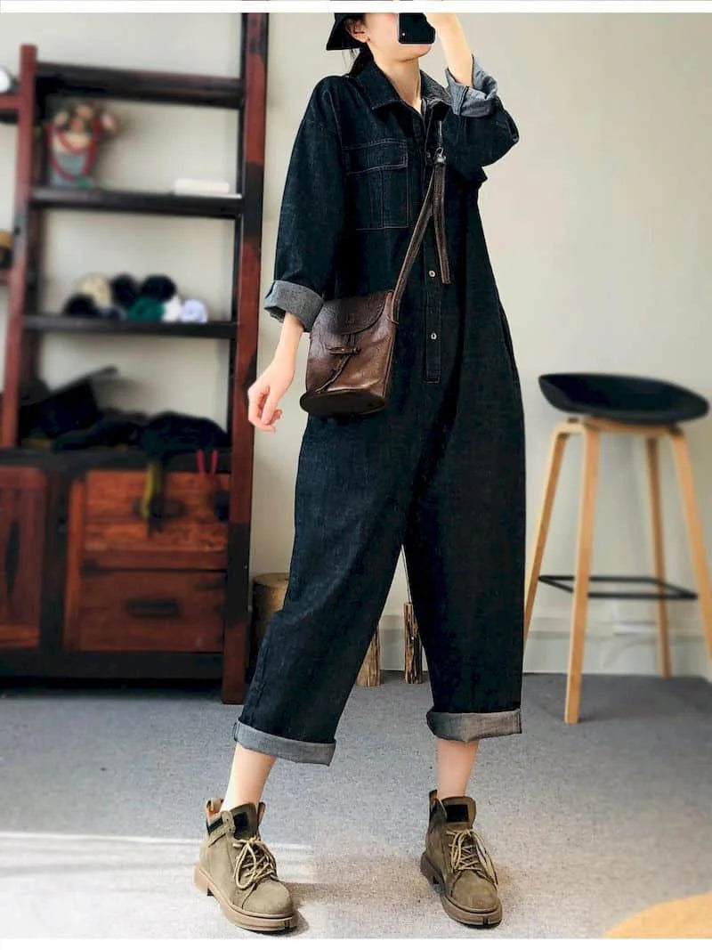 Loose Fit Denim Jumpsuit Suit Women Blue Denim Long Sleeve Playsuits High Waist New Fashion Tops Casual One Piece Outfit Women