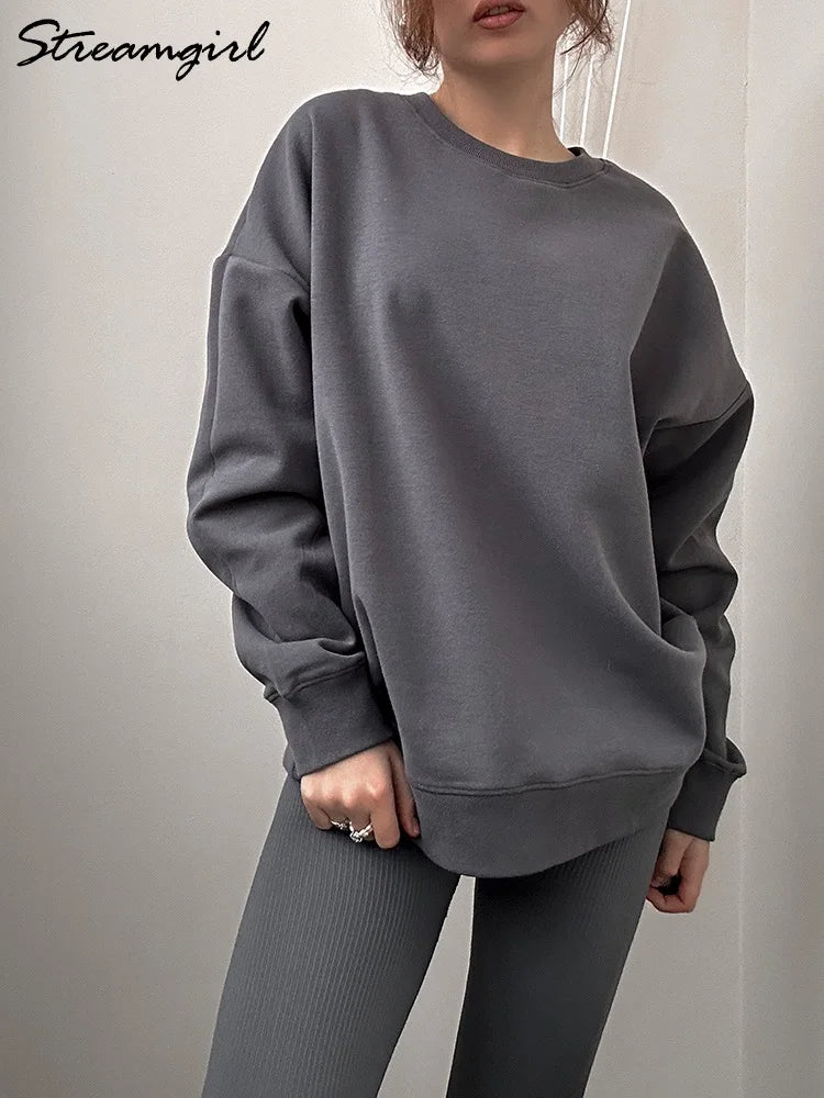 Autumn Oversized Women's Sweatshirt: Cotton Loose Pullovers with Red Round Neck for Couples Eye Catching Short Length Hoodies