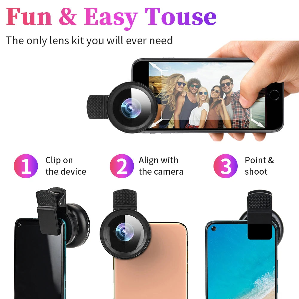 USLION 2 in 1 Phone Lens kit 0.45x Ultra Wide Angle Macro External Cellphones Lens HD Camera Universal Clip 37mm For iPhone Andr