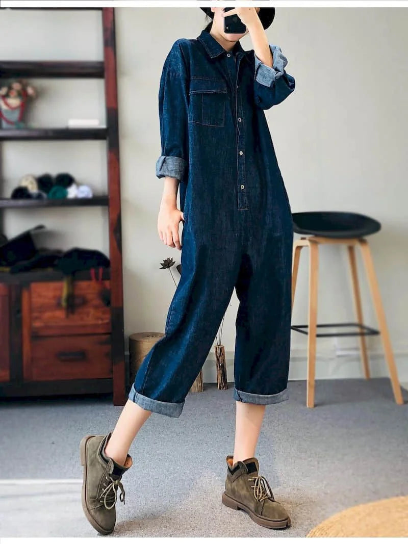 Loose Fit Denim Jumpsuit Suit Women Blue Denim Long Sleeve Playsuits High Waist New Fashion Tops Casual One Piece Outfit Women